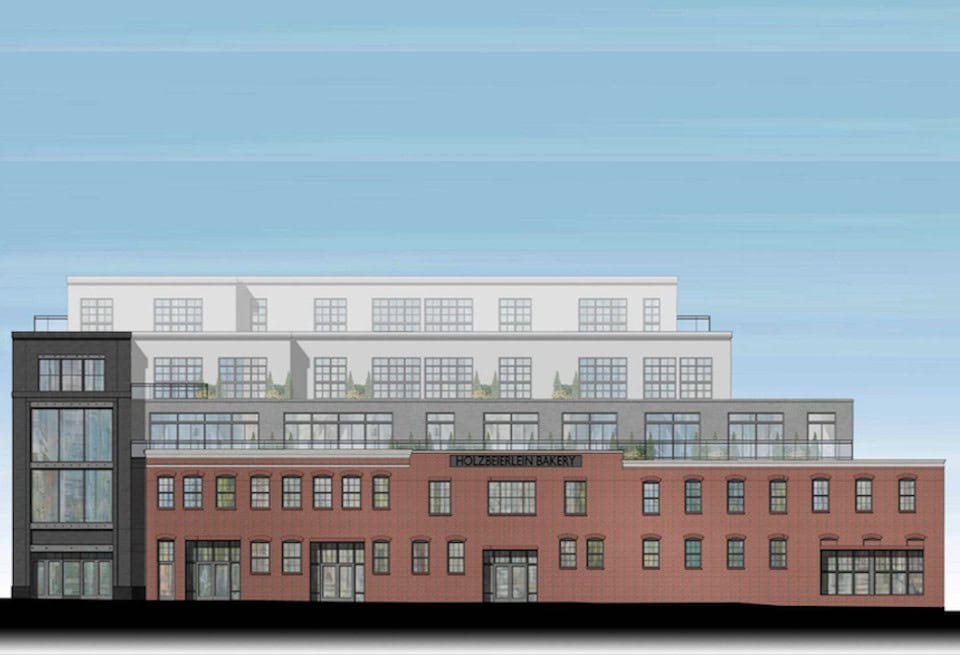 Rendering of the historic Holzbeierlein Bakery redevelopment in Shaw, Washington, DC, showing a mixed-use building with residential and office space