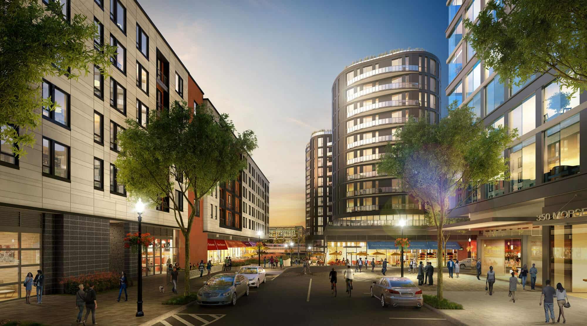 Rendering of KETTLER’s mixed-use development near Union Market in Washington, DC, featuring residential buildings, retail storefronts, public spaces, and pedestrian-friendly streets