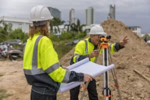 Two environmental professionals in high-visibility vests conducting a site survey during a Phase II Environmental Site Assessment