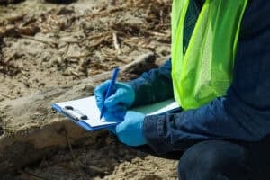 Environmental inspector in a high-visibility vest and blue nitrile gloves taking field notes on a clipboard at an outdoor