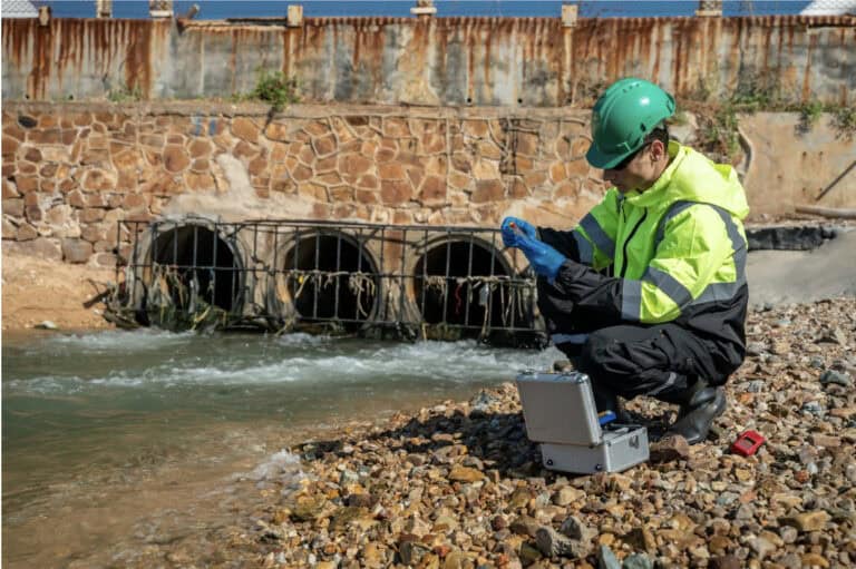 Engineer conducting water survey near stormwater drains