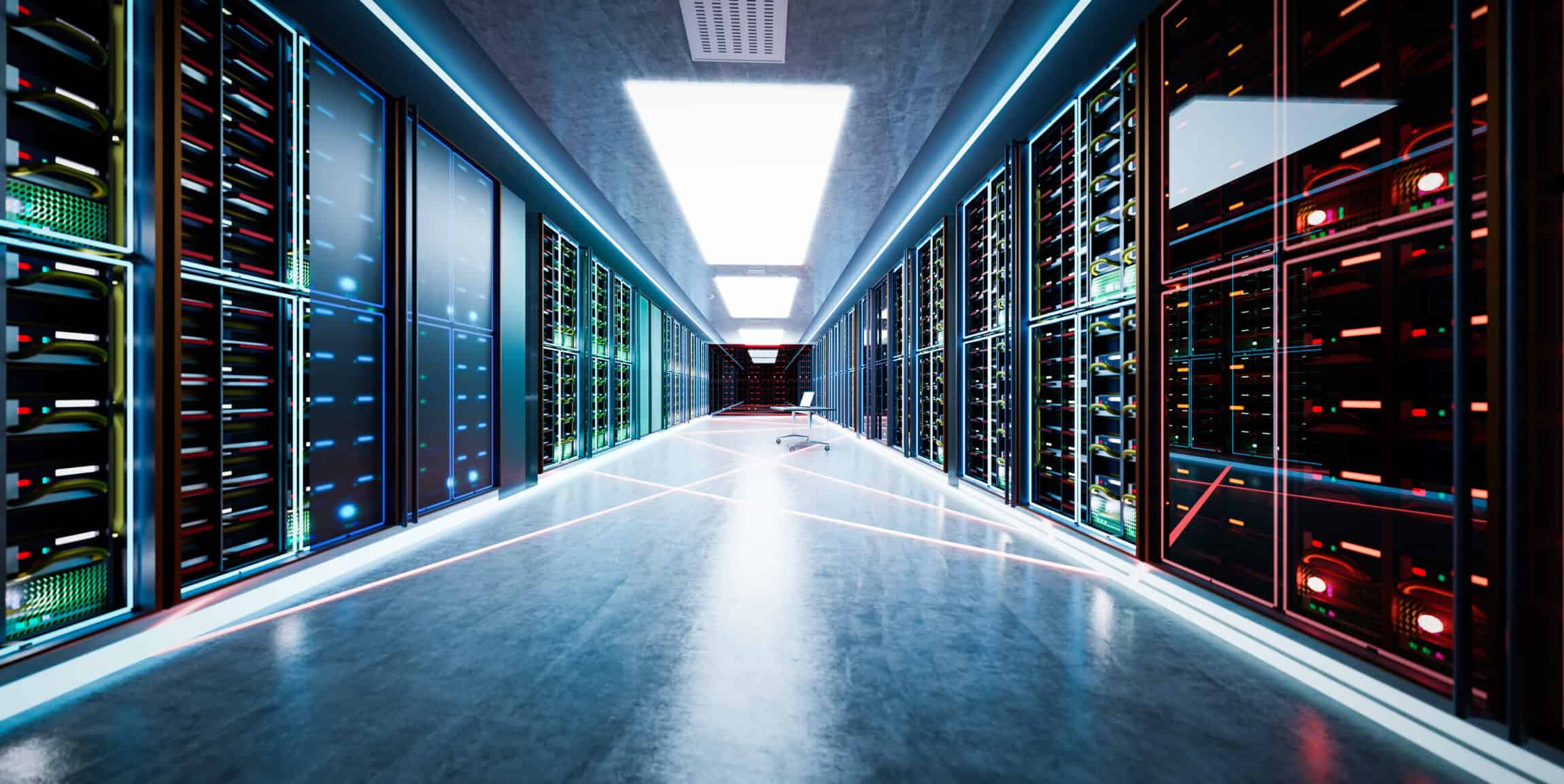 Modern data center server corridor with illuminated server racks and networking equipment on both sides of a high-tech server room.