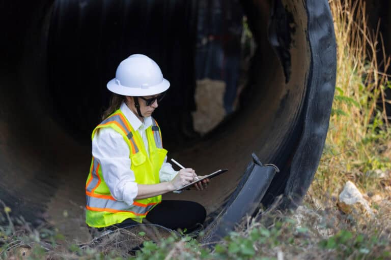 Stormwater inspector in safety gear evaluating a large drainage pipe for runoff and erosion prevention.
