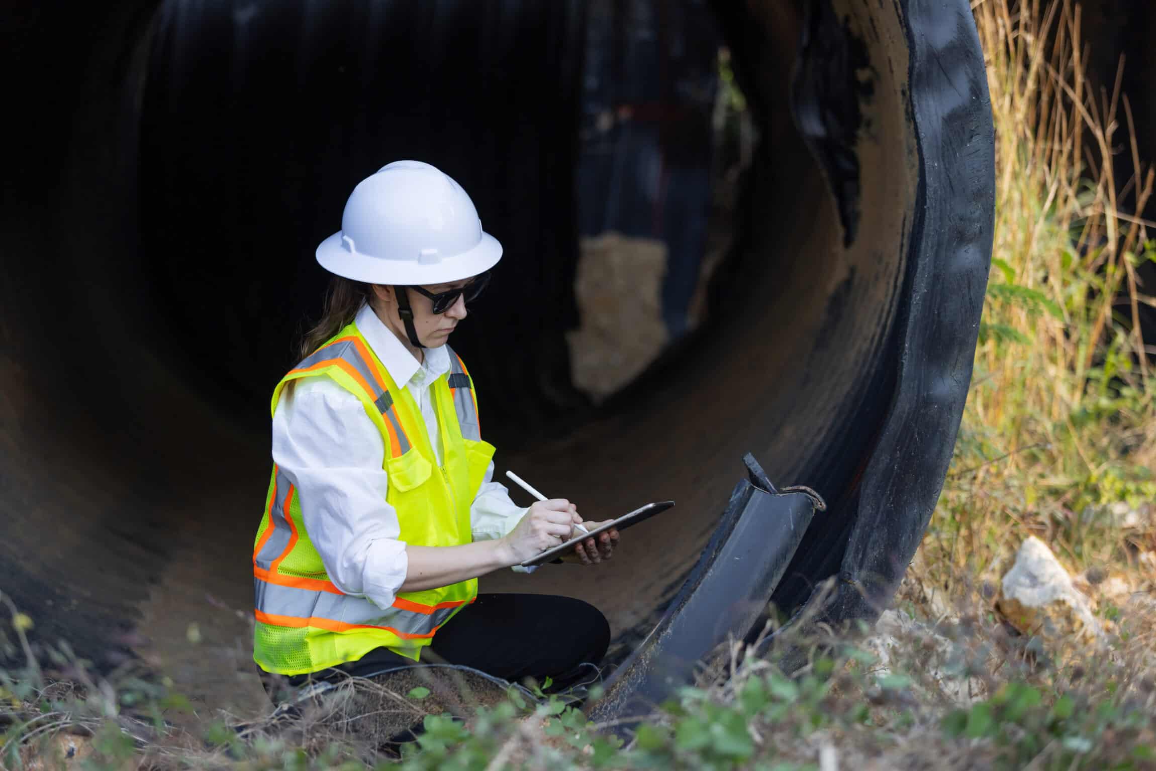 Stormwater inspector in safety gear evaluating a large drainage pipe for runoff and erosion prevention.